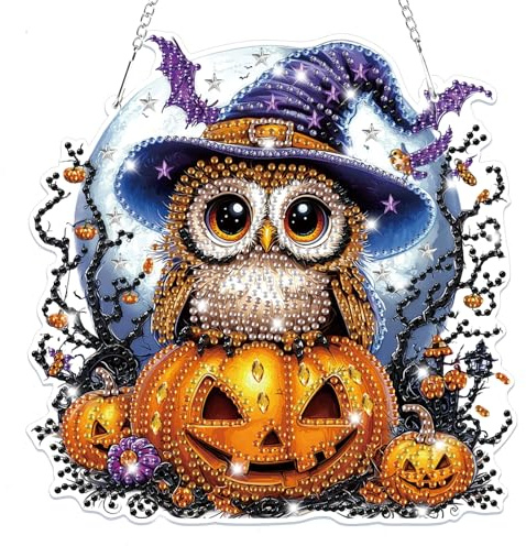 Lxmsja Halloween Diamond Painting Anhänger Eule, 5D Diamond Painting Fensterbilder Beidseitig für Erwachsene Kinder, Bastelset Kreativ Set, Hängend Ornament Kranz Tür Fenster Wand Eingang Decor