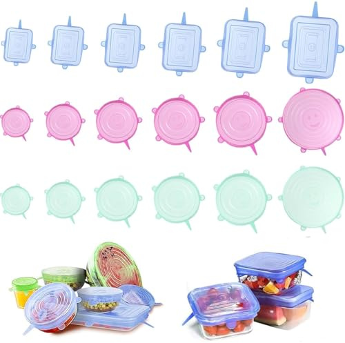 18 Pcs Silicone Stretch Lids, 6 Sizes Silicone Stretch Lids Food Covers | Fit Various Sizes and Shapes Bowl Cover, Keep Food Fresh Reusable Food Covers for Dishes Jars Bowls
