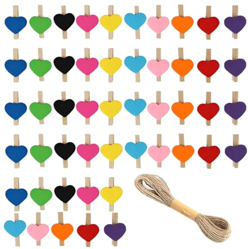 ZORVYN 50 Mini Pinzas de Madera con Corazones, Pinzas Decorativas de Madera, con 10M de Cuerda de Yute, Pinzas Naturales para Fotos, Muro de Fotos, Postales, Cartas (3×0.4cm)