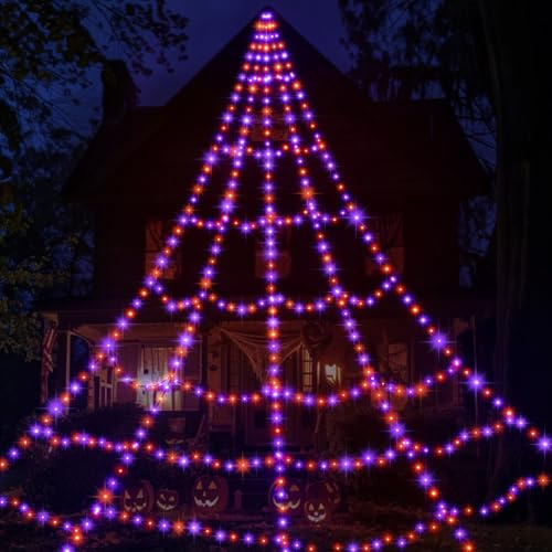 Spider Web Lights for Halloween Decorations Outdoor - 616 LEDs, 8 Lighting Modes, 16.4 Ft Light Up Giant Web (Purple & Orange)