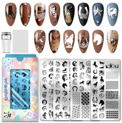 PH PandaHall 4pcs Plaque D'Estampage pour Ongles Cheval Modèle D'Art D'Ongle Cheval de Course Animaux Ongles Arts Pochoirs Fers à Cheval Manucure Design Stamper Ongle Image Plaques pour Femmes