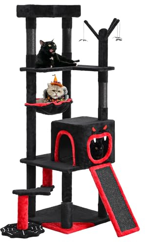 DWVO Gothic Cat Tree with Coffin Bed, 153 cm Tall Cat Tower for Indoor Cats with Perch, Spacious Cat Houses, Spider Hanging Balls, Cozy Basket, Scratching Post, and Ladder, Black, Halloween