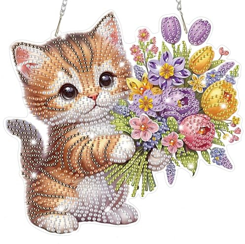Lxmsja Cat Diamond Art Hanging Kits for Adults, Diamond Art Suncatchers Flowers, 5D Special Shape Diamond Painting Pendant Window Ornament Valentine's Day Gifts for Home Wall Decor