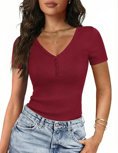 Gyabnw T Shirt Femme Col V À Côtes Haut Femme Été Manches Courtes Slim Fit Style Sexy pour L Été