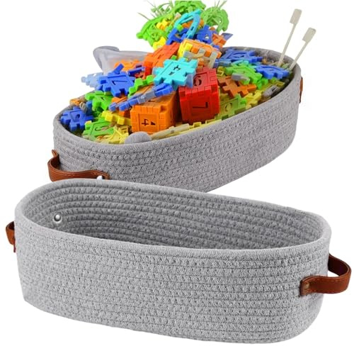 2 Stück Aufbewahrungskorb Geflochten, Körbchen Aufbewahrung mit Griff | 28 x 10 x 10 cm Baumwollseil Geflochtener Korb, Grau Baumwollkorb, für Badezimmer, Wohnzimmer, Schlafzimmer