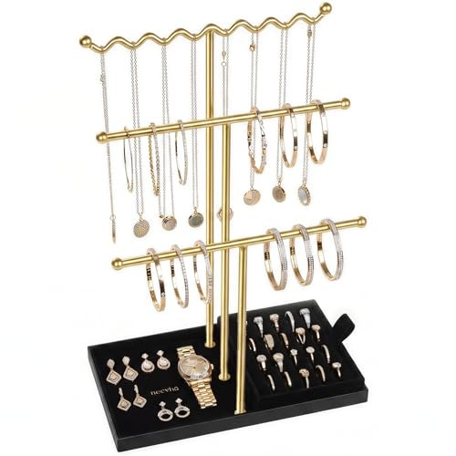 necvha Schmuckständer für Halsketten und Armbänder, 3-stöckiger Schmuck Organizer mit Samttablett, T-Steg Schmuck ständer für Ketten, Ringe und Ohrringe (Schwarz)