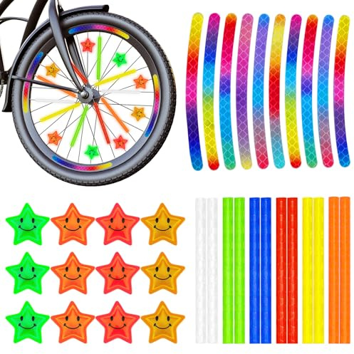 SREBIWO 34 Stück Speichenreflektoren Fahrrad,360°Sichtbarkeit Reflektoren Fahrrad,SetReflektor Aufkleber Fahrrad und Reflektierende Sternendekoration für Fahrrad Speichen Dekoration