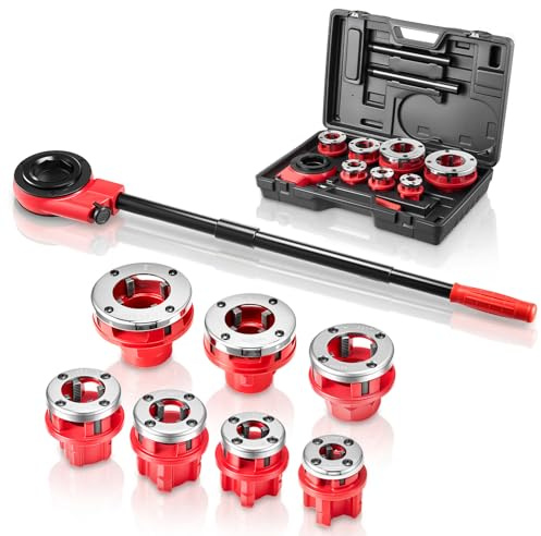 VEVOR Kit de Roscado de Tuberías con Trinquete, Roscadora Manual para Tubos con Trinquete, Juego de Terrajas con 7 Medidas BSPT, Mango y Maletín Portátil para Instalación y Reparación de Tuberías