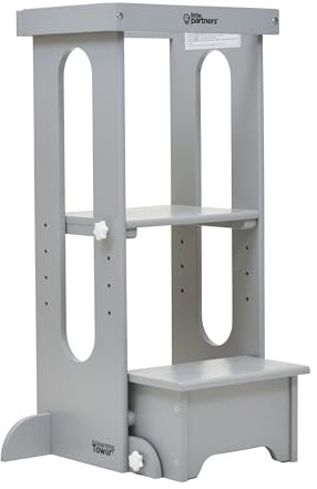 Little Partners Foldable Toddler Tower, Learning Tower Explore 'N Store Montessori Standing Kitchen Tower with Folding Step Stool Platform for Cooking and Learning, Ages 2+ (Silver Drop)