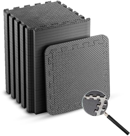 Edukit Alfombrilla de espuma EVA para gimnasio; 24 piezas; 30,5 x 30,5 cm; negro; azulejos de rompecabezas entrelazados antideslizantes para el hogar, ejercicio, garaje