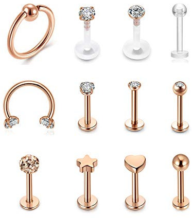 PiercingJak 12er 16G Lippenpiercing Set Labret Stecker Septum Hufeisen Ring aus Chirurgenstahl Acryl Piercing für Helix Tragus Monore Nase Ohr Lippe Zunge Punk Schmuck Unisex, Rosegold