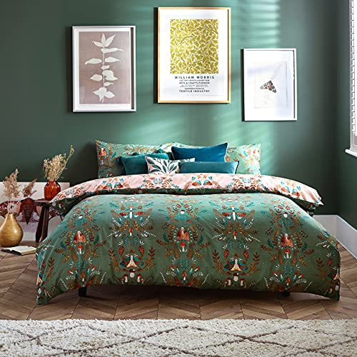 furn. Luna Wood Duvet Cover Set – Reversible Woodland Nature Moth Inspired Easy Care Bedding (Fern Green – Single – 137x200cm)