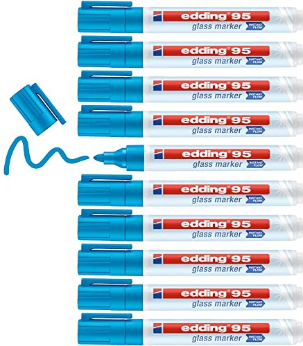 edding 95 Glasmarker - hellblau - 10 Stifte - Rundspitze 1,5-3 mm - zum Schreiben und Markieren auf Glasoberflächen wie Fenster, Glasboards, Whiteboards - trocken abwischbar