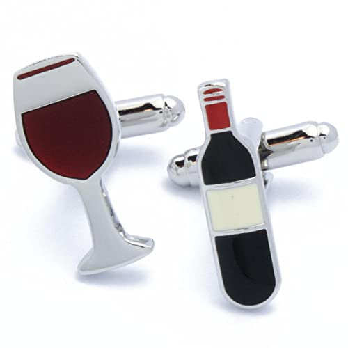 Boutons de manchette - Bouteille à vin et Verre à vin Argent et Rouge