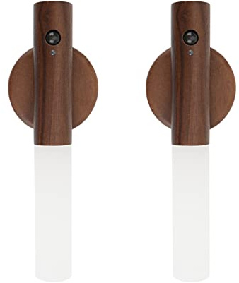 Applique in Legno, luce Notturna per Interni con Sensore di Movimento, Applique da Parete a Batteria Wireless Ricaricabile Magnetica con Interruttore per Camera da Letto, Corridoio, Scala (Noce-2pz)