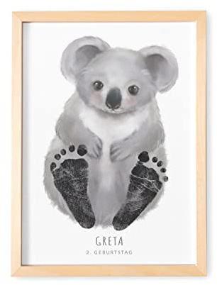 DEL MÀ Unique & Personal Baby Fußabdruck Bild Mit Rahmen Personalisiertes Tier Poster Für Babyzimmer Kinderzimmer (OHNE FARBE) (Koala, DIN A4 | Fußlänge bis 6cm | Alter bis 6 Monate)