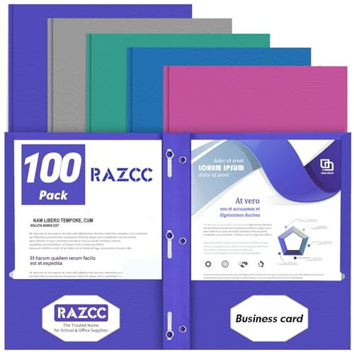 Two Pocket Folders, RAZCC 100 Pack Two Pocket with Prongs, 3 Prong Pocket Folders Letter Size, Paper Folders with Prongs for School Office Home Business, Assorted 5 Colors