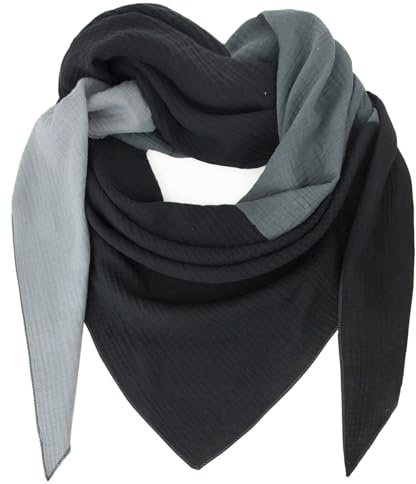 Gloop Sciarpa da donna XXL a maglia triangolare sciarpa foulard cotone triangolo mussola sciarpa sciarpa sciarpa senza graffi sulla pelle Made in Italy, Nero-grigio chiaro-grigio scuro, Taglia unica