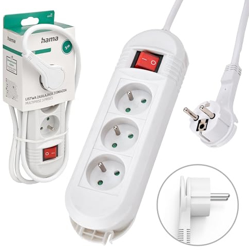 Hama Steckdosenleiste mit Schalter (3-Fach 16 A, Verlängerungskabel 3 m, Mehrfachsteckdose, ideal zum Energiesparen, Steckdosen 45 °, Wandaufhängung, 3680 W, Kabel H05VV-F3G1.5), Weiß