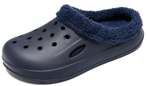 SECHRITE Zuecos forrados para hombre, zapatos de jardín, pantuflas de invierno con forro polar para interiores y exteriores, marino, 5-6