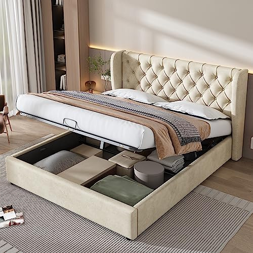 Merax Polsterbett 160x200cm mit Stauraum, Doppelbett mit Kopfteil und Lattenrost, Hydraulisches Funktionsbett für Jugend, Erwachsene, Samtstoff, Beige (Ohne Matratze)