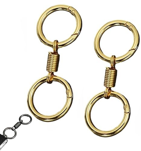 DIOWUS Nordischer Retro-Doppelring-Schlüsselanhänger, abnehmbares federförmiges Schlüsselzubehör, stark, robust, Doppelspalt-Schlüsselanhänger, Gold/Gold, 6