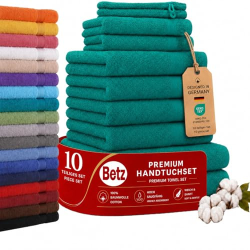 Betz Premium Handtuch-Set mit 10 Teilen – 100% Baumwolle, 4 Handtücher 50 x 100 cm, 2 große Duschtücher 70x140 cm, 2 Gästetücher 30 x 50 cm, 2 Waschhandschuhe, smaragdgrün
