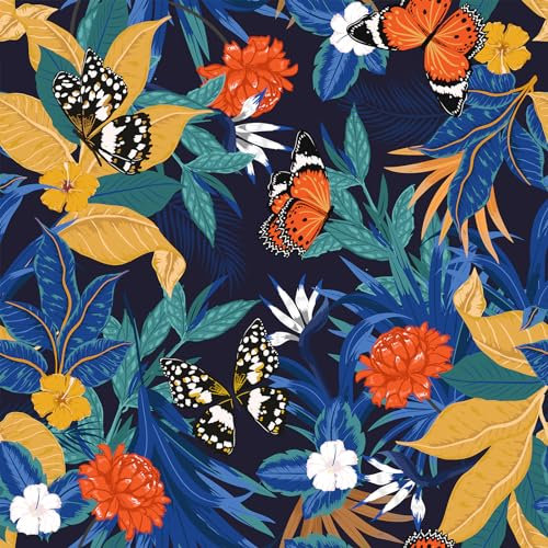 VEELIKE Tapete Blätter Blau Tapeten Blumen Schwarz Blumentapete Vintage Mustertapete Tropische Fototapete Schlafzimmer Dschungel Tapete Kinderzimmer Möbelfolie Selbstklebend Abnehmbar 44.5cm×300cm
