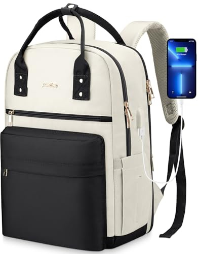Rucksack Damen 15,6 Zoll Laptop Schulrucksack Mädchen Teenager mit Laptopfach,Schultasche für Schule Uni,Black Beige