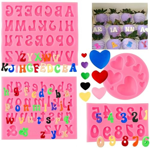 4 Stück Silikonform Buchstaben Zahlen, Bonbon Seife Schokolade Kekse Dekoration, Alphabet Schokolade Form Fondant Buchstaben und Zahlen, leicht zu entformen