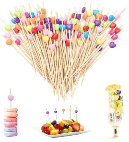 200 Stück Spieße Fingerfood, Spiesse für Snacks Fingerfood, 12 cm Cocktail Spieße Herzen Holz Zahnstocher, Mehrfarbig Fingerfood Spieße, Mit Deko Kuchen Hochzeit Bar Party