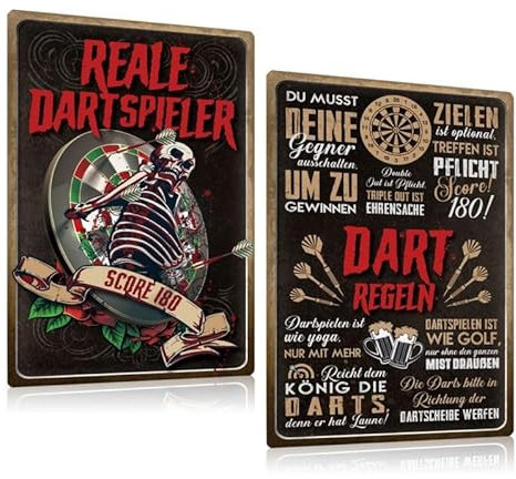 2ER DART SCHILDER SET 20x30cm - Blechschilder Retro Dart Sprüche Lustig - DART REGELN SCORE 180 - REALE DARTSPIELER - Darten Metall-schild Wanddeko Zubehör Geschenk für Männer Bar Partykeller Pub