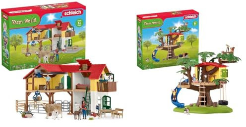 SCHLEICH 42407 Farm World Bauernhaus mit Stall und Tieren & 42408 Farm World Abenteuer Baumhaus, 60 Teile Spielset