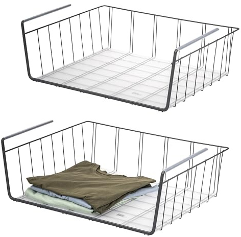 eluno Schrankkörbe 2er Set inklusive Einlegeböden und Kratzschutz, Aufbewahrungskorb Organizer für Küche, Speisekammer, Büro, Bücherregal, Schrank, Schränke, Badezimmer, Unterregal, schwarz (Grau)