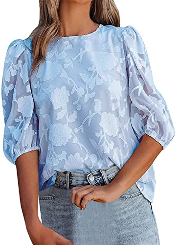 Regalos Originales Mujer Mujeres Cuartos Mangas Puff Mangas Cuello Top Gasa Suelta Flor Casual Camisa Camisa Mujer Vaquera Camiseta Oversize Top Espalda Descubierta M Fiesta De Ofertas De Primavera
