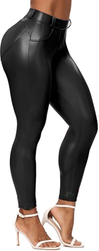 COFCAT Leder-Leggings für Damen, sexy PU, hohe Taille, Po, Lifting, Bauchkontrolle, Lederhose, schmale Strumpfhose, Patch Schwarz, M