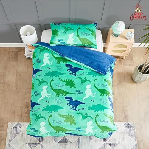GC GAVENO CAVAILIA Teddy Bear Children Fleece Dinosaur Roar Duvet Cover Bedding Set With Matching Pillowcase Warm Cosy Kids Dinosaur Blue Single
