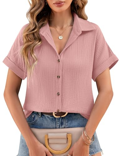 Lonya Blusas de Mujer Elegantes Camisa 100% Algodón Mujer con Cuello en V Casual Blusa Suelta Manga Corta Cardigan Mujer Verano Oficina de Color Sólido Camisa con Botón Top, Rosa, S