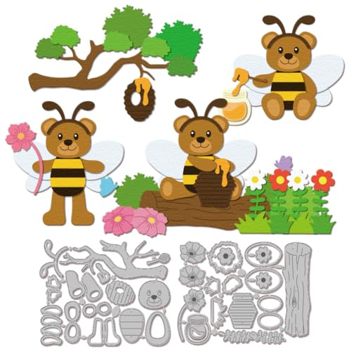 GLOBLELAND Frühling Stanzformen In Form von Bienen Und Bären Für Bastelarbeiten Scrapbooking Metall Blumen Honig Stanzformen Baumstamm Gras Bienenstock Stanzungen Für Kartengestaltung Prägung