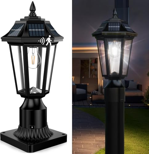 hameso Solar Lamp Post Light Outdoor 6000K Dusk to Dawn with Motion Sensor & Pier Mount Base, Waterproof Solar Post Lights for Garden Yard Pole, 3 Modes(Cool White)