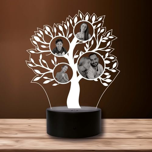INDIGOS UG - LED Lampe personalisiert - Baum, 4 Bilder - schwarzer Sockel - Familie, Liebe - Wunschbild, Wunschtext - personalisierte Lampe Deko, Weihnachten, Geburtstag, Geschenk