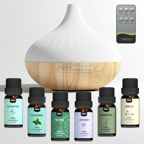 MISIJI Aroma Diffuser Fragrance Oils，500ml Aromatherapy Diffuser with Remote Control,with Essential Oils Set Top 6 x 10 ml