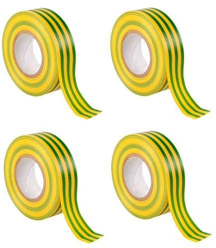 TERF® Paquete de 4 cintas eléctricas de color amarillo y verde de 19 mm x 20 m (66 pies), cinta aislante de PVC autoadhesiva fuerte para aislar, reparar, proteger cables eléctricos y amplio uso de