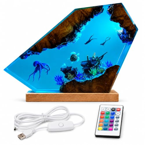 Drawelry Ocean Epoxy Resin Lamp with LED, Handmade Shark Diver Night Light, Deep Sea Decor for Desk Bedroom, Unique Birthday Gift for Men Dad Diving Lovers (Octopus & Diver)