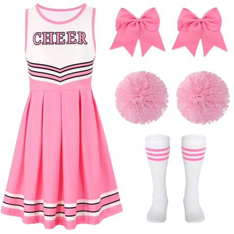 WERFORU Cheerleader Kostüm Kinder Mädchen Kostüm Cheerleader mit Pompoms Socken Kopfschmuck Cheerleading Uniform für Karneval Halloween Cosplay，5-12 Jahre