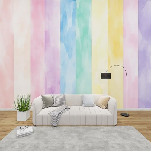 QEODAH Ombre Wallpaper for Living Room, Rainbow Gradient Wall Art for Bedroom, Girls Pastel Stripe Wall Murals for Bedrooms, Renter Friendly Removable Waterproof Photo Wallpaper 3D, 250x175 cm