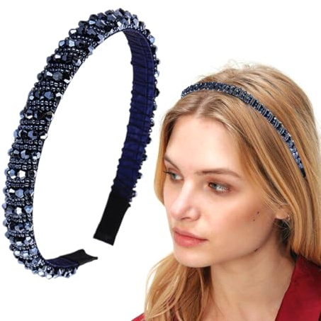 YUZNA Haarreif Dirndl Damen Dunkelblau Glitzer Trachten Haarschmuck Perlen Stirnband für Oktoberfest Elegant