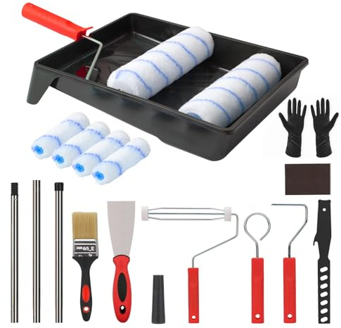 Nuscen Farbroller Set 18-tlg in Rot, Professionelles Malerzubehör mit Walzen (23cm & 10cm), Wanne, Verlängerungsstangen & Reiniger, Komplett-Set für Wandrenovierung und DIY-Projekte
