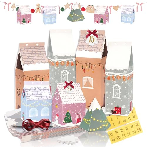 Lot de 24 calendriers de l'Avent à remplir soi-même avec ruban cadeau, étiquettes cadeaux, boîtes cadeau réutilisables, pour bricolage, décoration de Noël