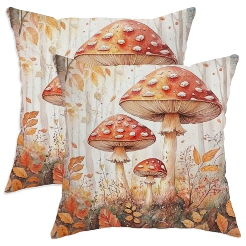 2er Set Dekokissen Kissenbezug Herbst Roter Pilz Gemütliche saisonale Dekoration für Zuhause Sofa Bett 50x50cm
